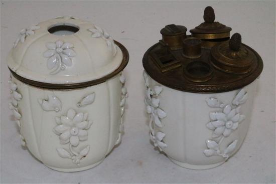 A pair of Saint-Cloud porcelain pots and one cover, mid 18th century height 11.5cm (4.5in.)